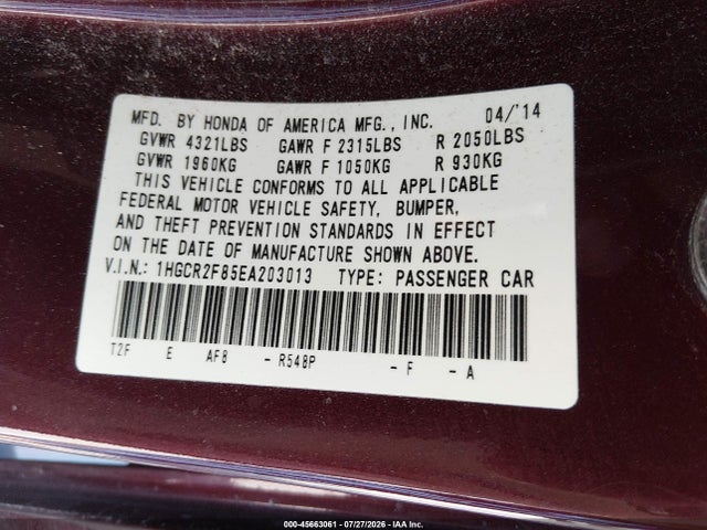 45663061 :رقم المزاد ، 1HGCR2F85EA203013 vin ، 2014 Honda Accord Ex-l مزاد بيع