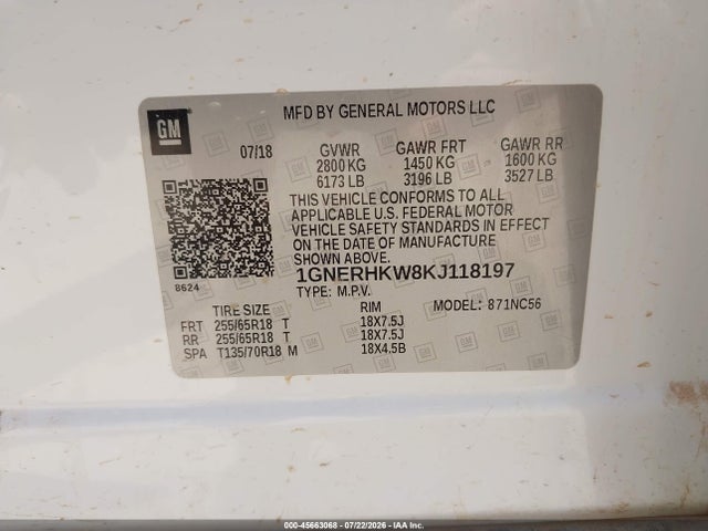 Chevrolet Traverse 3lt 2019 1GNERHKW8KJ118197 Image 9