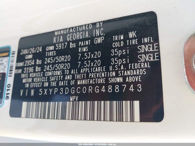 45663069 :رقم المزاد ، 5XYP3DGC0RG488743 vin ، 2024 Kia Telluride Ex مزاد بيع
