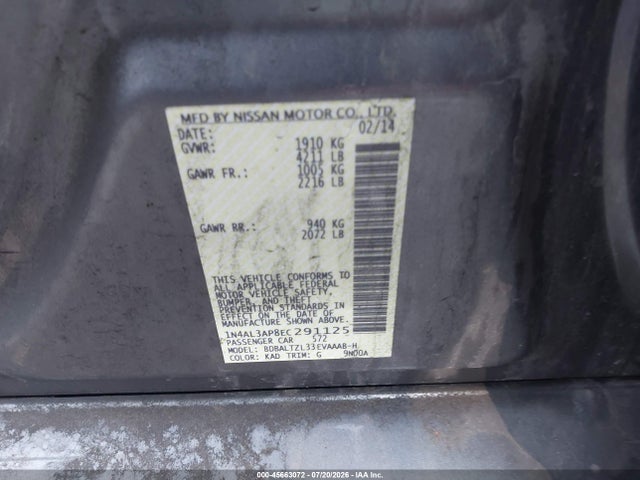 2014 Nissan Altima 2.5 Sv მანქანა იყიდება აუქციონზე, vin: 1N4AL3AP8EC291125, აუქციონის ნომერი: 45663072