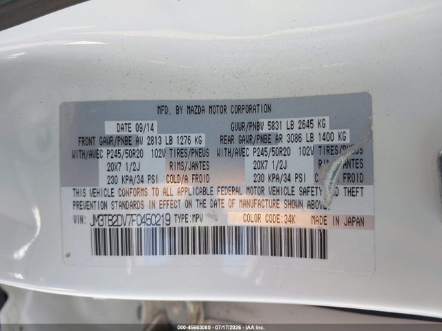 Mazda Cx-9 Grand Touring 2015 JM3TB2DV7F0450219 Image 9