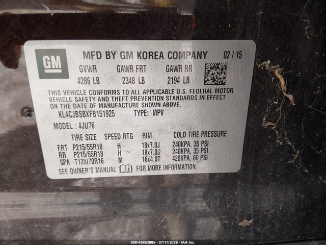 Продаж на аукціоні авто 2015 Buick Encore Convenience, vin: KL4CJBSBXFB151925, номер лоту: 45663085
