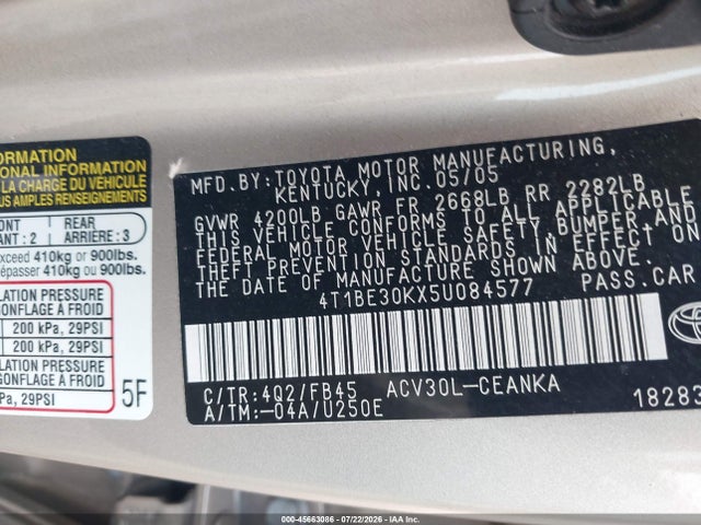 Продажа на аукционе авто 2005 Toyota Camry Le, vin: 4T1BE30KX5U084577, номер лота: 45663086