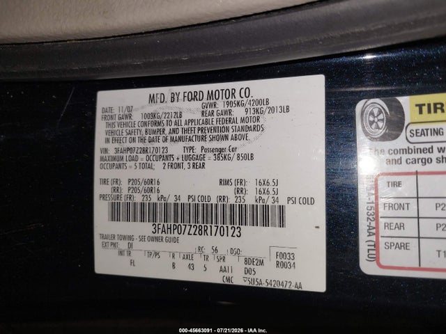 Aukcja sprzedaży 2008 Ford Fusion Se, vin: 3FAHP07Z28R170123, numer aukcji: 45663091