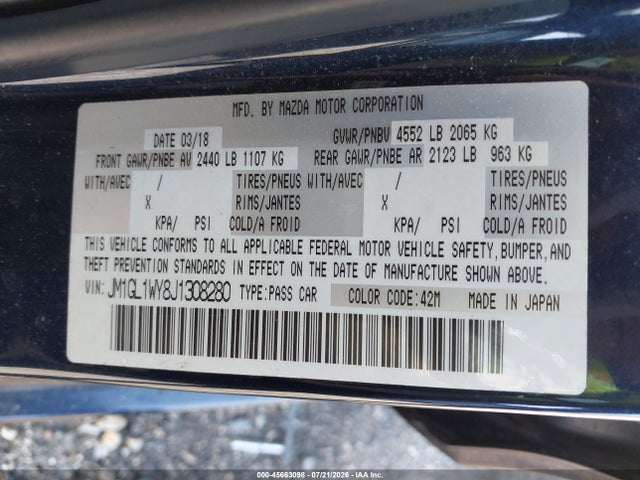 Aukcja sprzedaży 2018 Mazda Mazda6 Grand Touring Reserve, vin: JM1GL1WY8J1308280, numer aukcji: 45663098