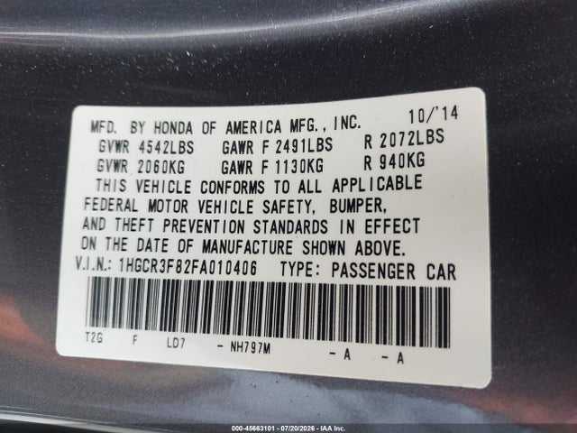 1HGCR3F82FA010406 Honda Accord Ex-l V-6