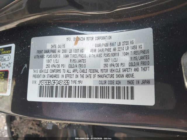 Aukcja sprzedaży 2015 Mazda Cx-9 Sport, vin: JM3TB3BV3F0461839, numer aukcji: 45663104