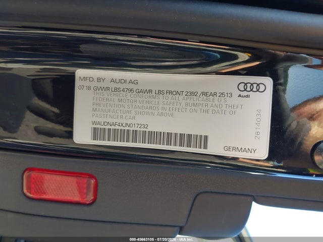 45663105 :رقم المزاد ، WAUDNAF4XJN017232 vin ، 2018 Audi A4 2.0t Premium/2.0t Tech Premium مزاد بيع