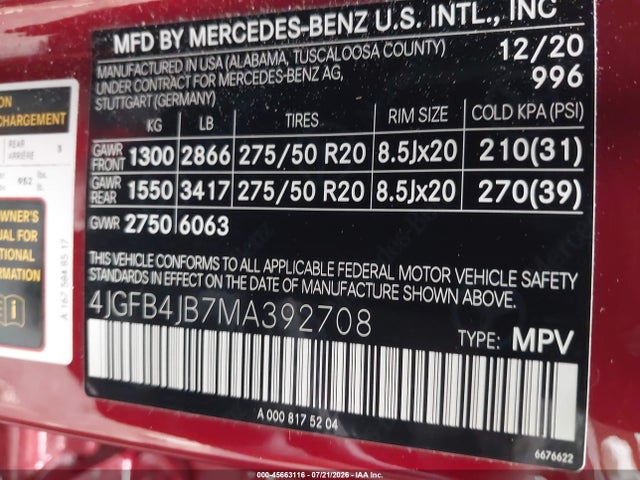 Aukcja sprzedaży 2021 Mercedes-benz Gle 350, vin: 4JGFB4JB7MA392708, numer aukcji: 45663116