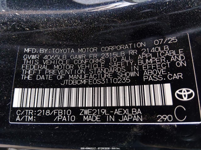 Продажа на аукционе авто 2025 Toyota Corolla Hybrid Le, vin: JTDBCMFE0S3110235, номер лота: 45663117