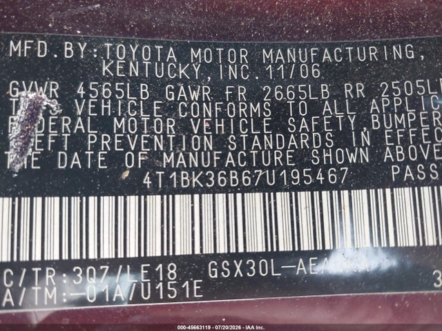 2007 Toyota Avalon Touring მანქანა იყიდება აუქციონზე, vin: 4T1BK36B67U195467, აუქციონის ნომერი: 45663119