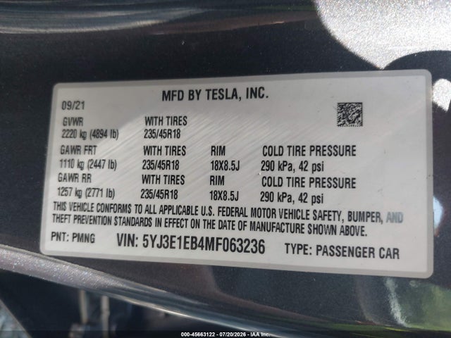 Tesla Model 3 Long Range Dual Motor All-wheel Drive 2021 5YJ3E1EB4MF063236 Image 9