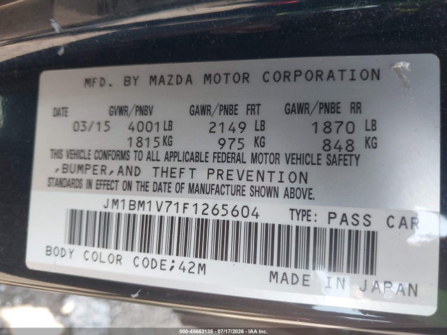 2015 Mazda Mazda3 I Touring მანქანა იყიდება აუქციონზე, vin: JM1BM1V71F1265604, აუქციონის ნომერი: 45663135