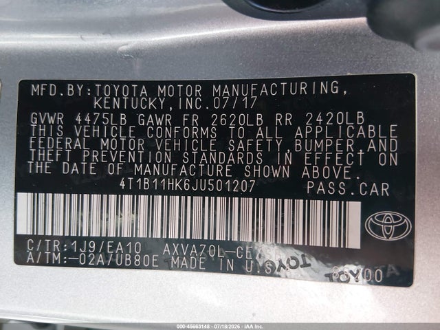 2018 Toyota Camry Se მანქანა იყიდება აუქციონზე, vin: 4T1B11HK6JU501207, აუქციონის ნომერი: 45663148