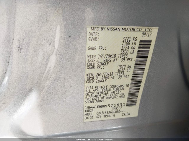 1N6AA1E68HN570831 Nissan TITAN SV
