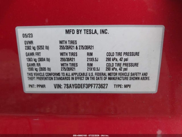 Продаж на аукціоні авто 2023 Tesla Model Y Performance Dual Motor All-wheel Drive, vin: 7SAYGDEF3PF773627, номер лоту: 45663160