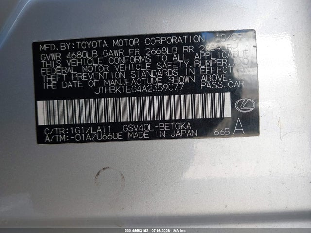 45663162 :رقم المزاد ، JTHBK1EG4A2359077 vin ، 2010 Lexus Es 350 مزاد بيع