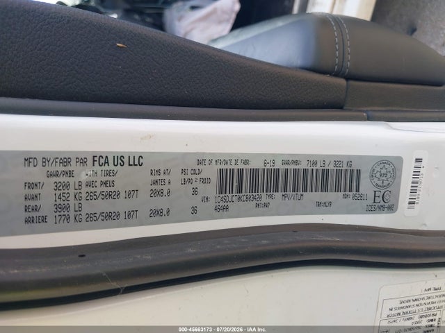 45663173 :رقم المزاد ، 1C4SDJCT0KC803420 vin ، 2019 Dodge Durango R/t مزاد بيع