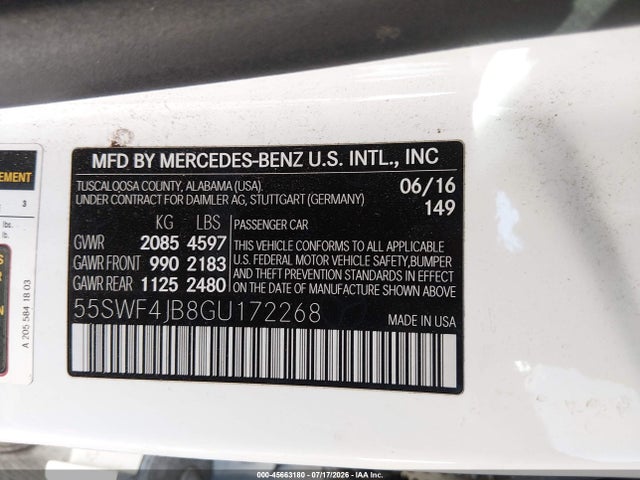 Aukcja sprzedaży 2016 Mercedes-benz C 300, vin: 55SWF4JB8GU172268, numer aukcji: 45663180