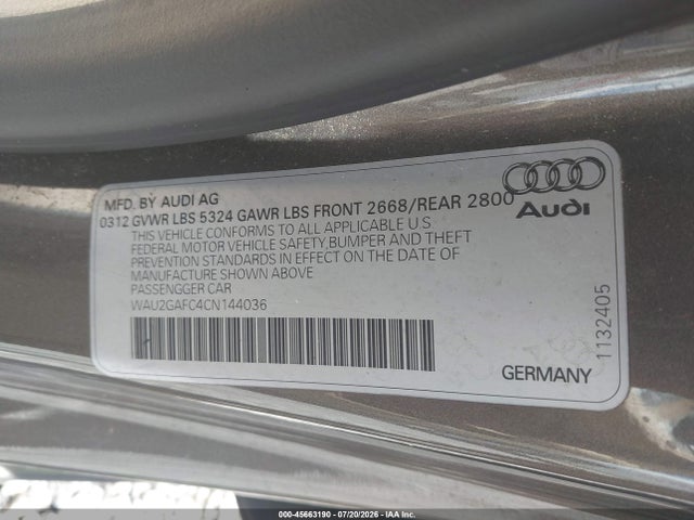 45663190 :رقم المزاد ، WAU2GAFC4CN144036 vin ، 2012 Audi A7 3.0 Prestige مزاد بيع