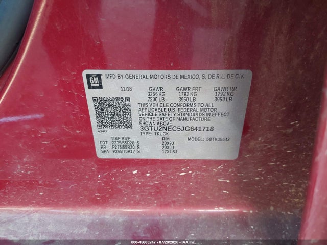 Aukcja sprzedaży 2018 Gmc Sierra 1500 Slt, vin: 3GTU2NEC5JG641718, numer aukcji: 45663247