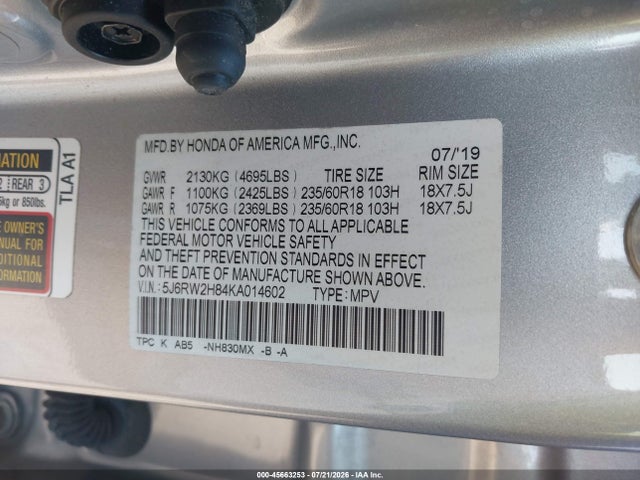 Honda Cr-v Ex-l 2019 5J6RW2H84KA014602 Image 9