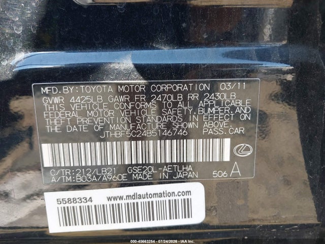 Aukcja sprzedaży 2011 Lexus Is 250, vin: JTHBF5C24B5146746, numer aukcji: 45663254