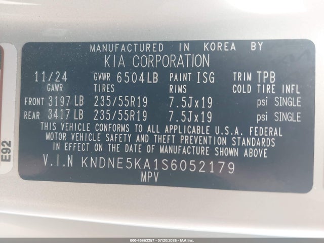 KNDNE5KA1S6052179 KIA Carnival Mpv Hybrid Sx
