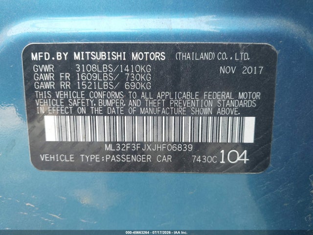 Aukcja sprzedaży 2018 Mitsubishi Mirage G4 Es, vin: ML32F3FJXJHF06839, numer aukcji: 45663264