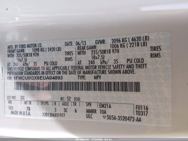 45663267 :رقم المزاد ، 1FMCU0GX6EUA04893 vin ، 2014 Ford Escape Se مزاد بيع