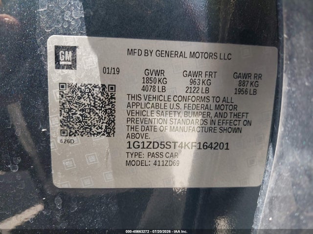 Продажа на аукционе авто 2019 Chevrolet Malibu Lt, vin: 1G1ZD5ST4KF164201, номер лота: 45663272