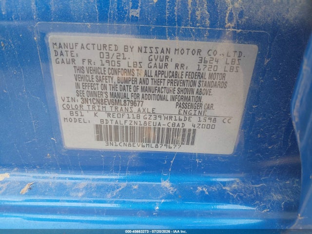 Продаж на аукціоні авто 2021 Nissan Versa Sv Xtronic Cvt, vin: 3N1CN8EV6ML879677, номер лоту: 45663273