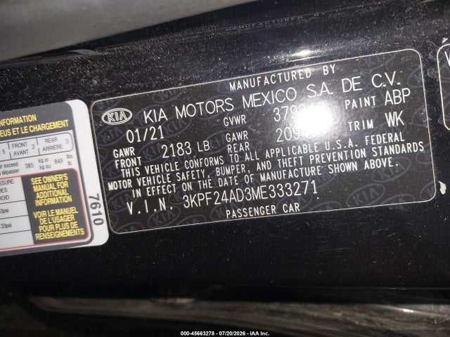 Продажа на аукционе авто 2021 Kia Forte Lxs, vin: 3KPF24AD3ME333271, номер лота: 45663278