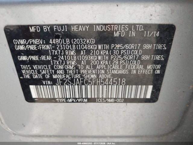 Aukcja sprzedaży 2015 Subaru Forester 2.5i Premium, vin: JF2SJAFC5FH544518, numer aukcji: 45663282