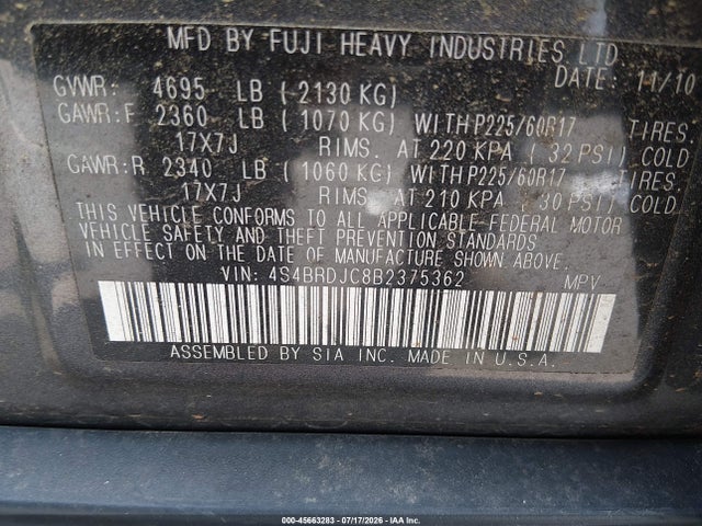 Aukcja sprzedaży 2011 Subaru Outback 3.6r Limited, vin: 4S4BRDJC8B2375362, numer aukcji: 45663283