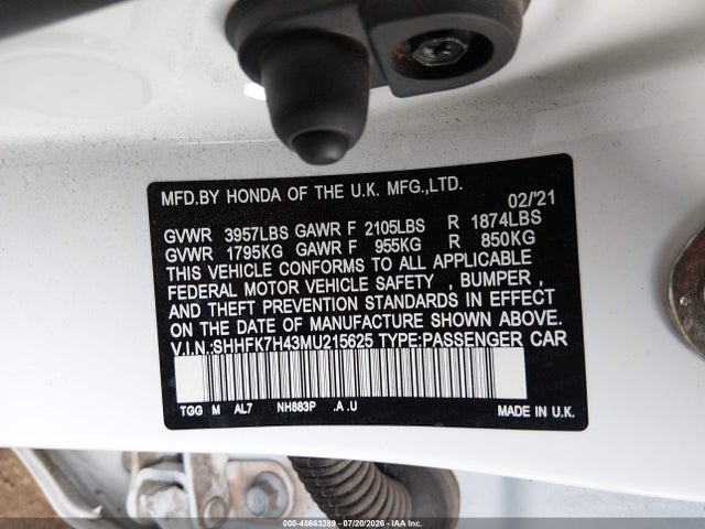 SHHFK7H43MU215625 Honda Civic Sport