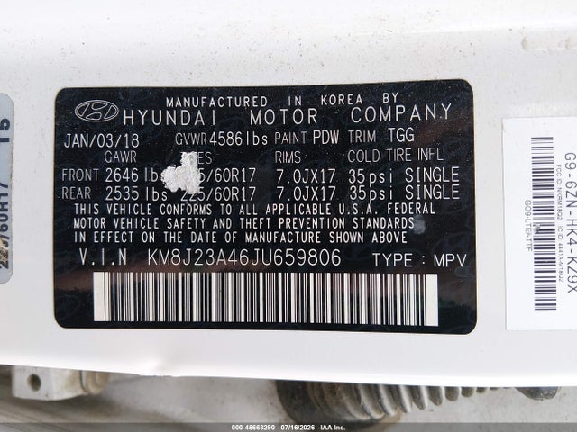 Aukcja sprzedaży 2018 Hyundai Tucson Se, vin: KM8J23A46JU659806, numer aukcji: 45663290