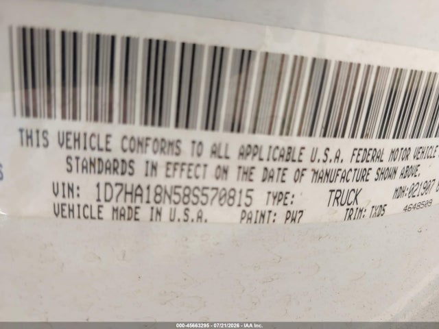 45663295 :رقم المزاد ، 1D7HA18N58S570815 vin ، 2008 Dodge Ram 1500 St/sxt مزاد بيع
