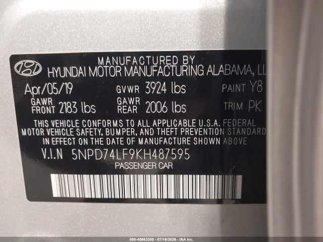 Hyundai ELANTRA SE 2019 5NPD74LF9KH487595 Image 9