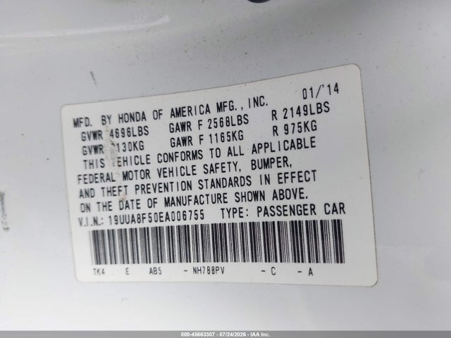 45663307 :رقم المزاد ، 19UUA8F50EA006755 vin ، 2014 Acura Tl 3.5 مزاد بيع
