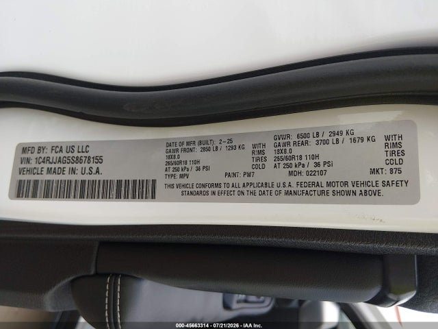 2025 Jeep Grand Cherokee L Altitude 4x2 მანქანა იყიდება აუქციონზე, vin: 1C4RJJAG5S8678155, აუქციონის ნომერი: 45663314