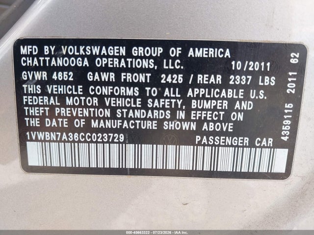 Продаж на аукціоні авто 2012 Volkswagen Passat 2.0l Tdi Se, vin: 1VWBN7A36CC023729, номер лоту: 45663322