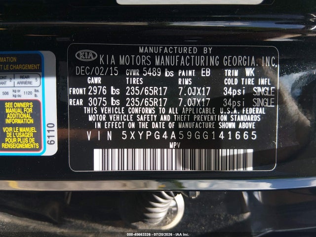 Aukcja sprzedaży 2016 Kia Sorento 3.3l Lx, vin: 5XYPG4A59GG141665, numer aukcji: 45663326