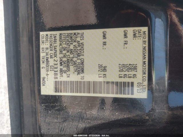 Aukcja sprzedaży 2013 Nissan Altima 3.5 S, vin: 1N4BL3APXDC233388, numer aukcji: 45663349