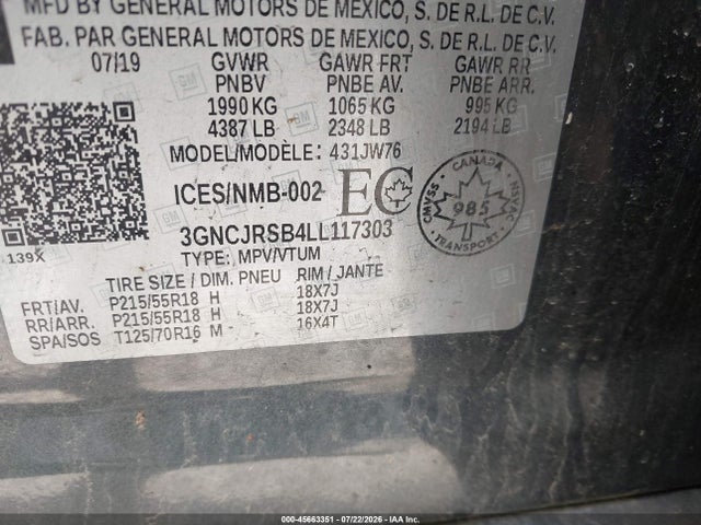 Aukcja sprzedaży 2020 Chevrolet Trax Premier, vin: 3GNCJRSB4LL117303, numer aukcji: 45663351