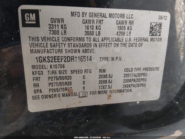 45663358 :رقم المزاد ، 1GKS2EEF2DR116514 vin ، 2013 Gmc Yukon Denali مزاد بيع