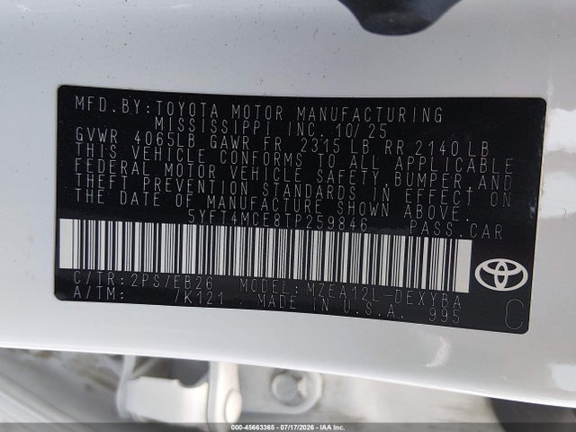 Aukcja sprzedaży 2026 Toyota Corolla Xse, vin: 5YFT4MCE8TP259846, numer aukcji: 45663365