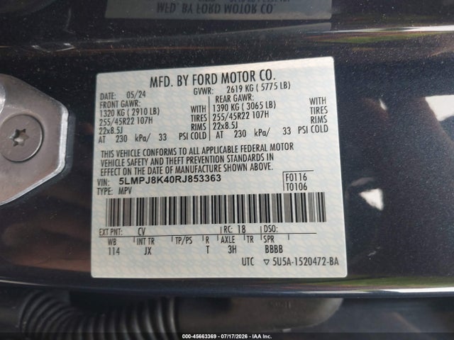 Продаж на аукціоні авто 2024 Lincoln Nautilus Reserve, vin: 5LMPJ8K40RJ853363, номер лоту: 45663369