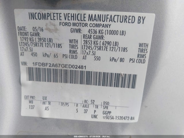 Ford F-250 Xl 2016 1FDBF2A67GED02481 Image 9