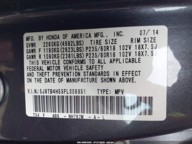 45663380 :رقم المزاد ، 5J8TB4H55FL006951 vin ، 2015 Acura Rdx مزاد بيع